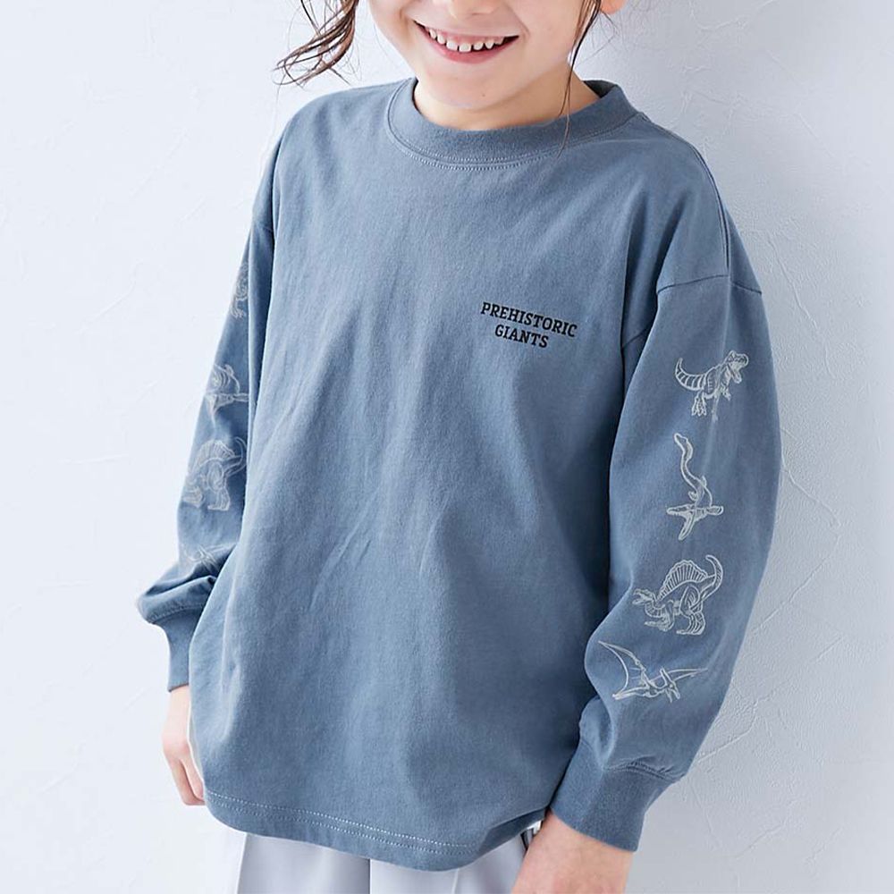 100%棉 寬鬆版型縮口長袖上衣-雙手恐龍-灰藍