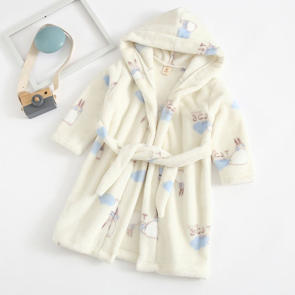 超柔軟珊瑚絨浴袍睡衣-米白小兔