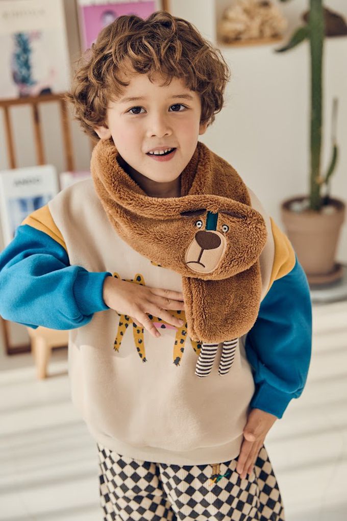 韓國 Mimico - 熊熊刺繡毛絨圍巾-咖啡 (Free)