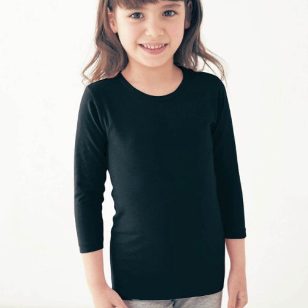日本千趣會 - 95%棉 (兒童)圓領九分袖發熱衣-黑色