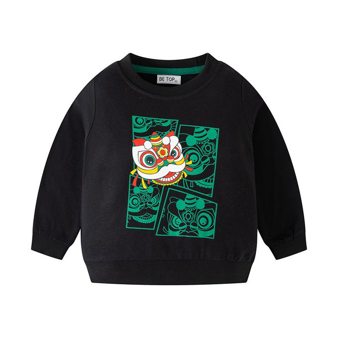 純棉圓領長袖上衣/大學T-舞龍舞獅-黑色