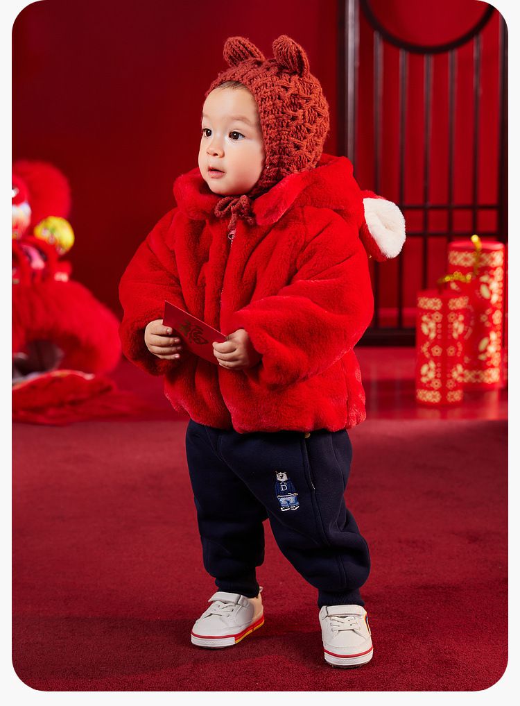 喜氣拜年毛絨暖暖造型外套-立體龍角-紅色