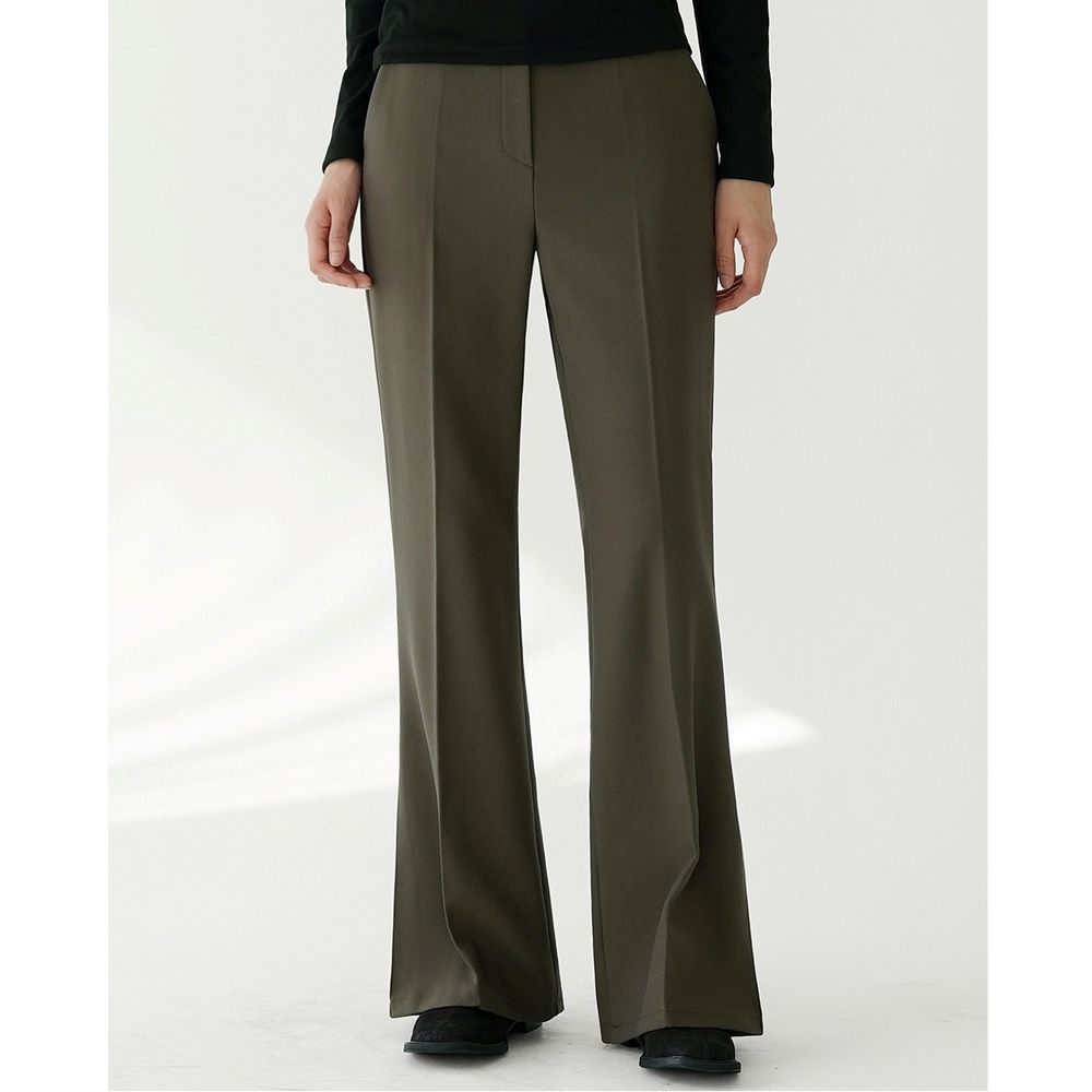 Domingoblue 後鬆緊腰磨毛感俐落感修身抓褶喇叭褲-深軍綠