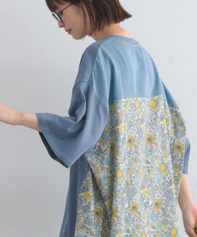 日本 Lupilien - 異素材花朵拼布清新五分袖洋裝-黑