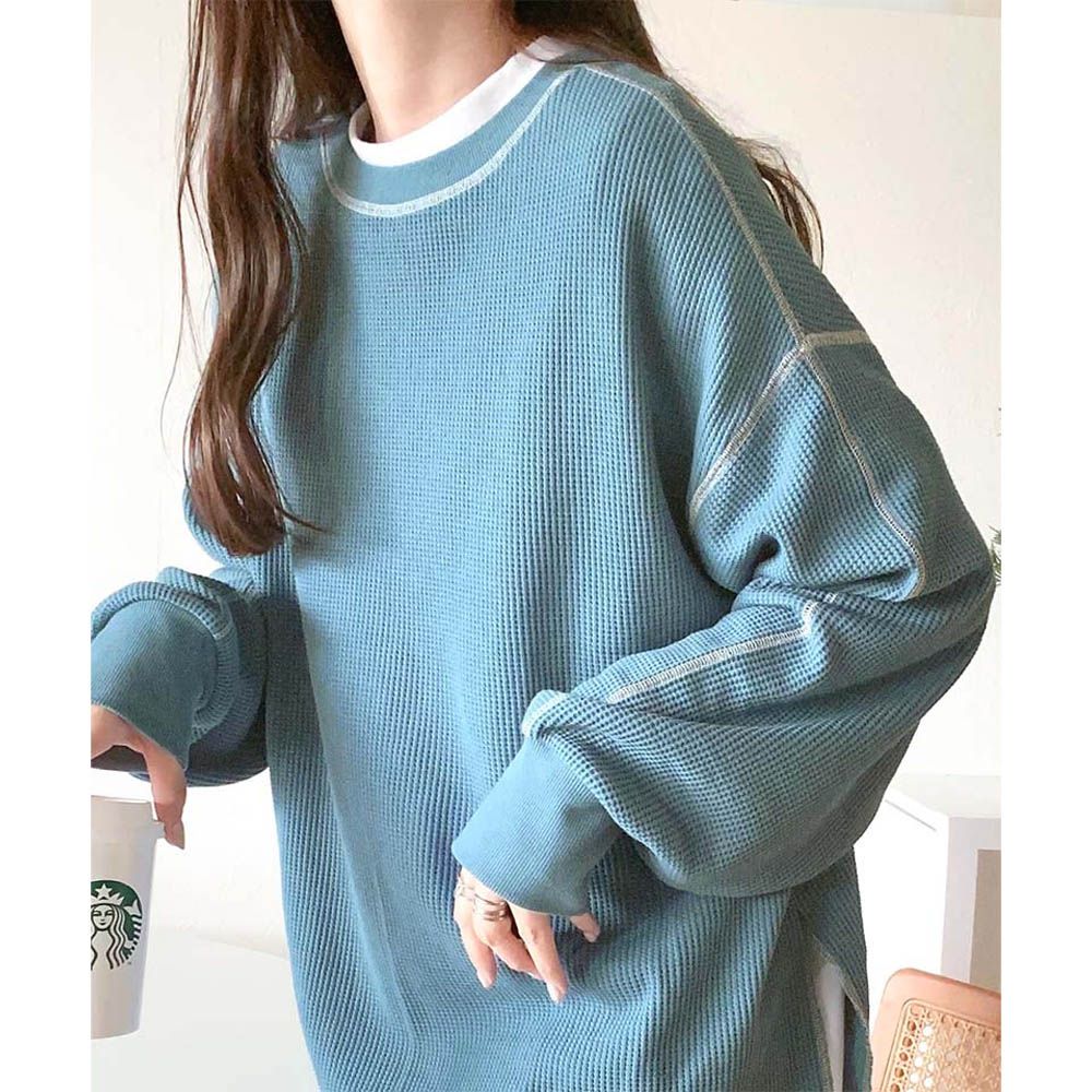 Java 華夫格車線薄長袖上衣-藍