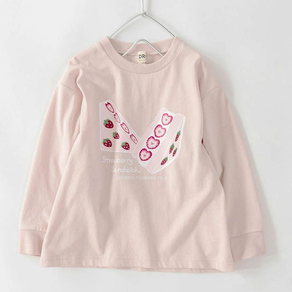 100%棉 可愛女孩印花長袖上衣-草莓三明治-粉紅