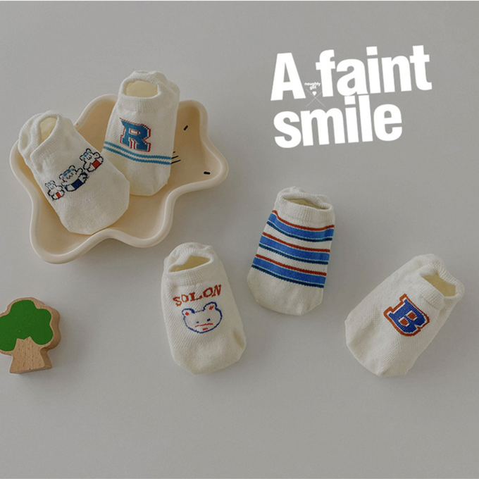 love, charlotte - 卡通小熊條紋字母網眼隱形棉襪-5 雙一組