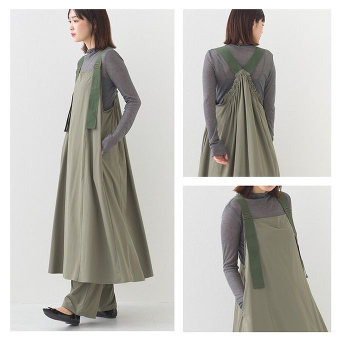 日本 OMNES - 輕量機能工裝風尼龍吊帶洋裝-卡其