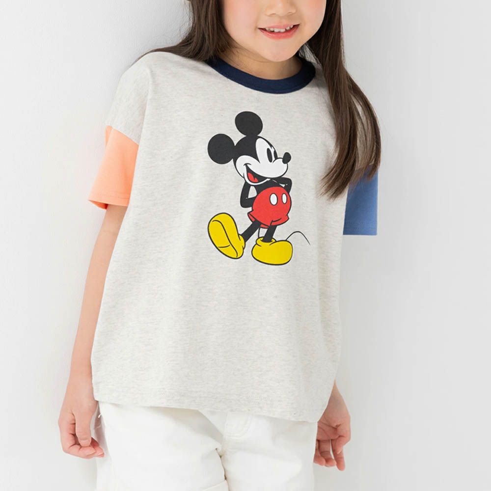 聯名款  卡通人物米奇純棉短袖上衣-雙手叉腰-灰x橘x藍