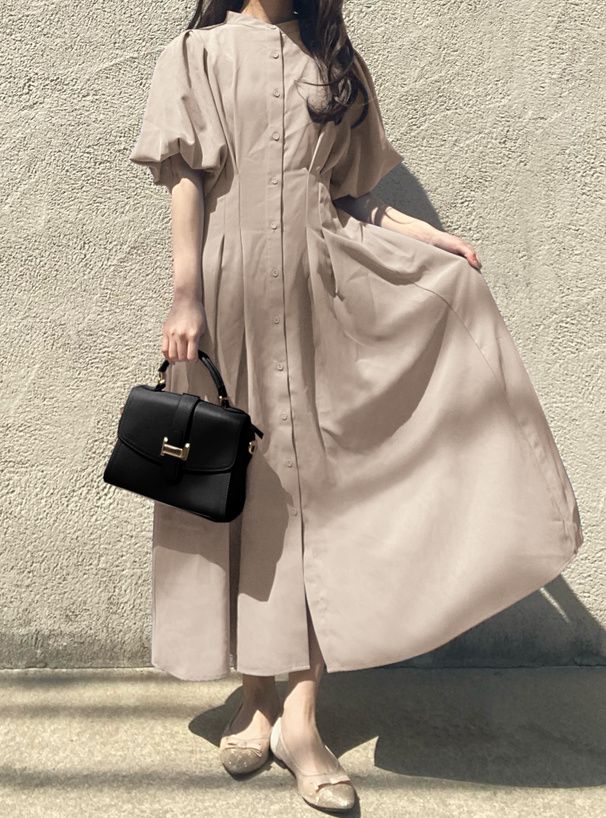 日本 GRL - 小立領收腰修身泡泡袖排扣洋裝-石墨灰