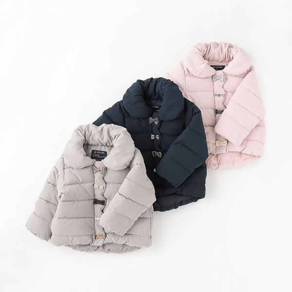 日本 petit main - 可愛蝴蝶結澎澎領鋪棉外套-粉紅