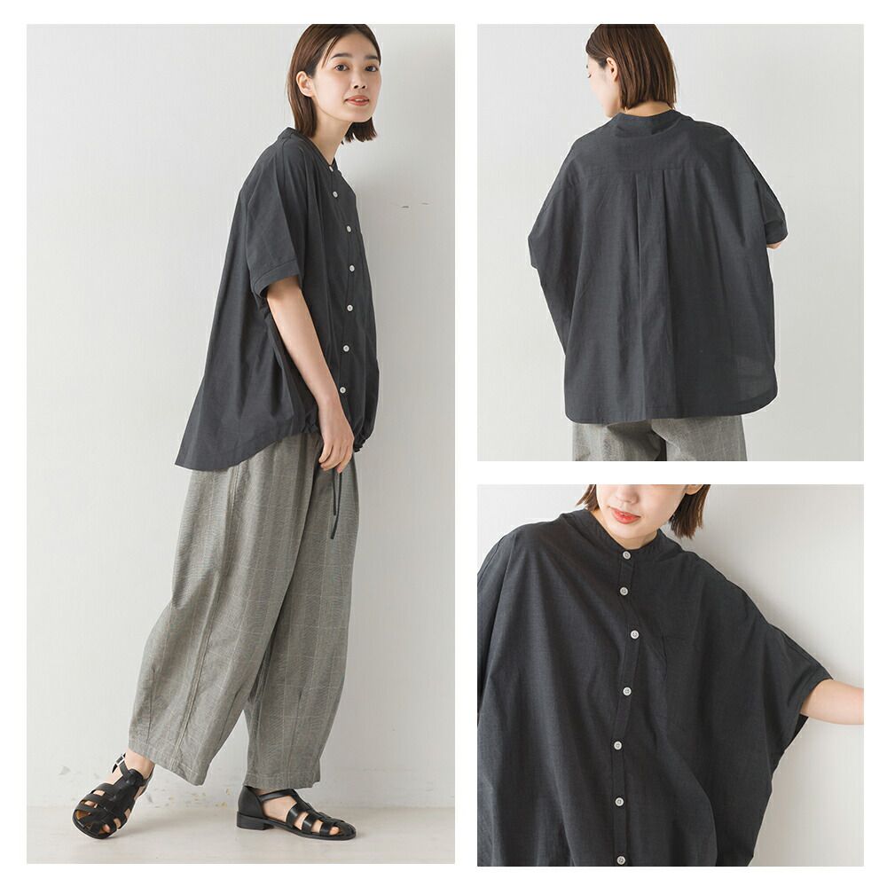 日本 OMNES - 下擺抽繩落肩短袖襯衫-簡約白