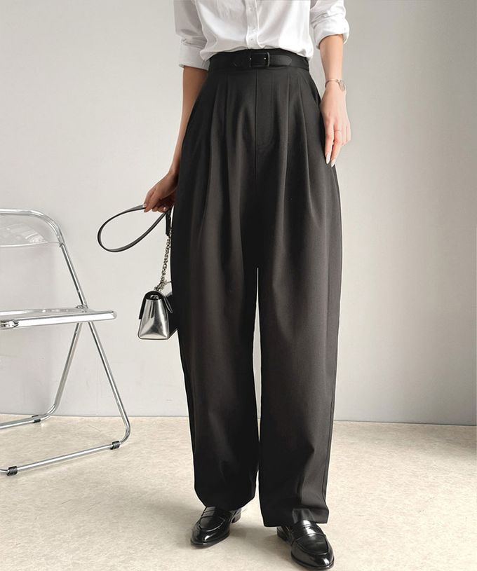 日本 Classical Elf - 時尚摺線俐落感錐形長褲-黑