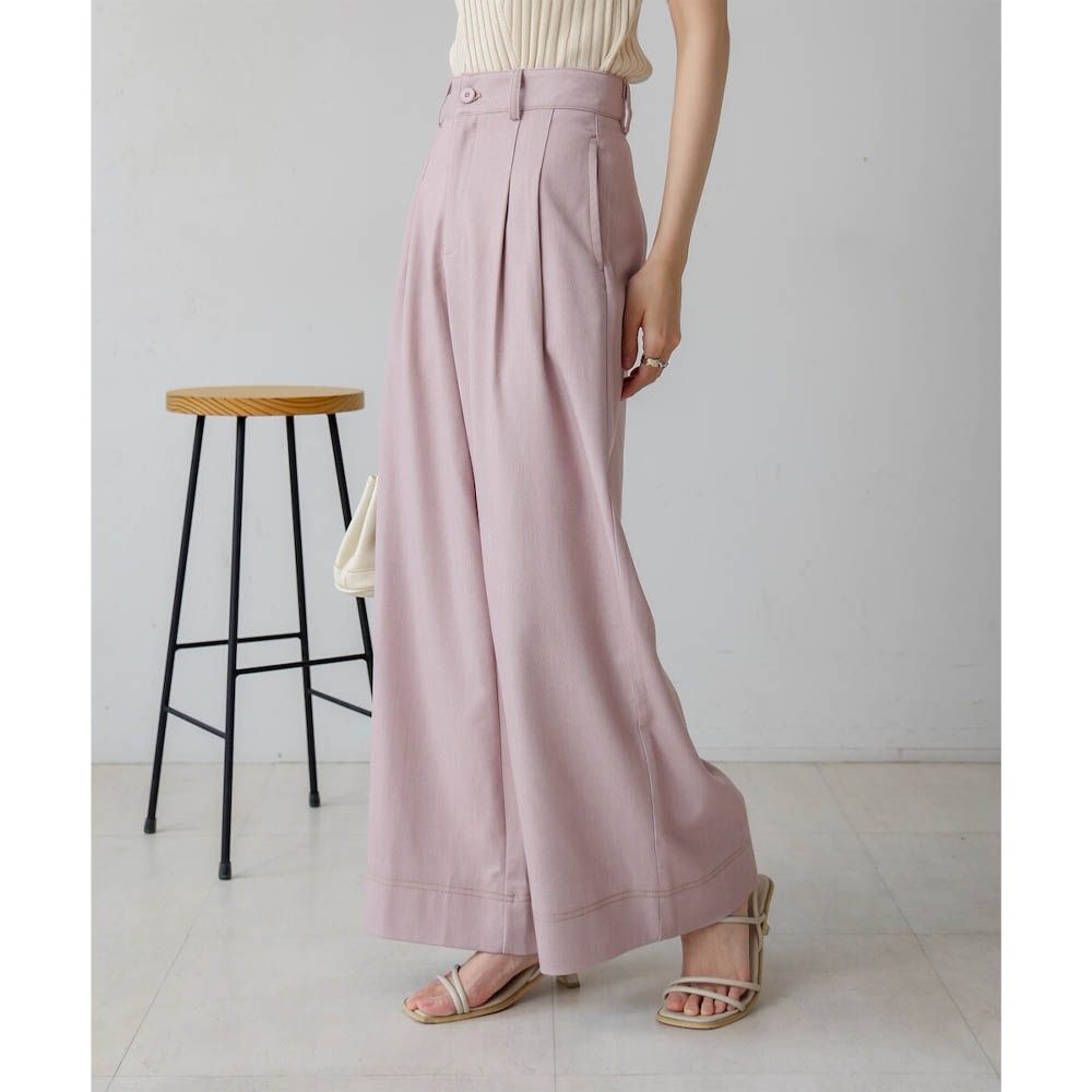 簡潔縫線俐落寬版長褲-粉紅