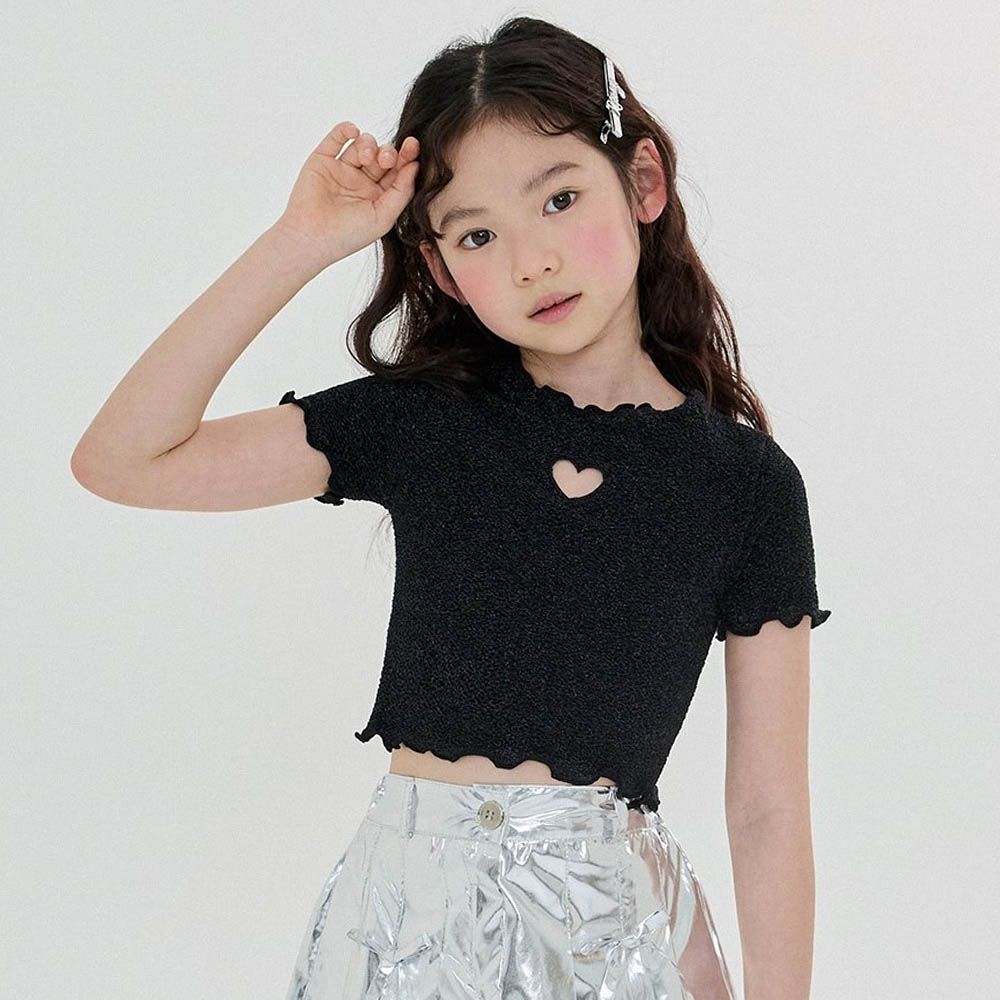 時尚金蔥愛心鏤空短袖上衣-黑