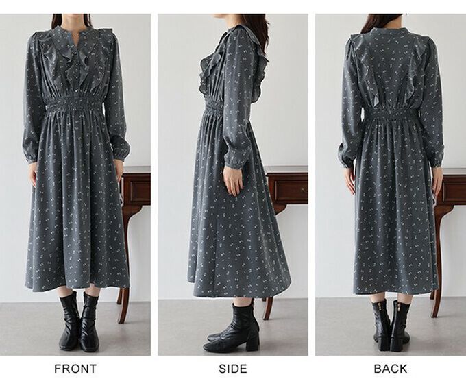 日本 BLUE EAST - 成熟摺邊典雅小花束腰長袖洋裝-深灰