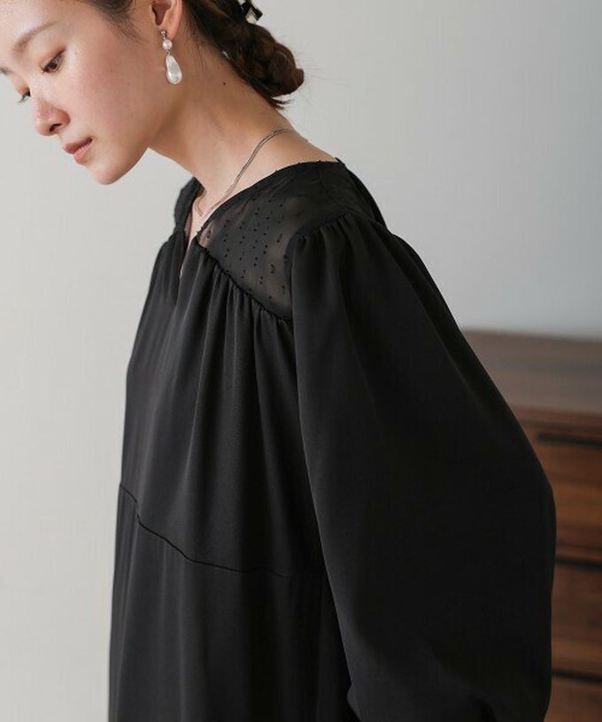 日本 Bab - 優雅蕾絲拼接背綁帶長袖洋裝-黑