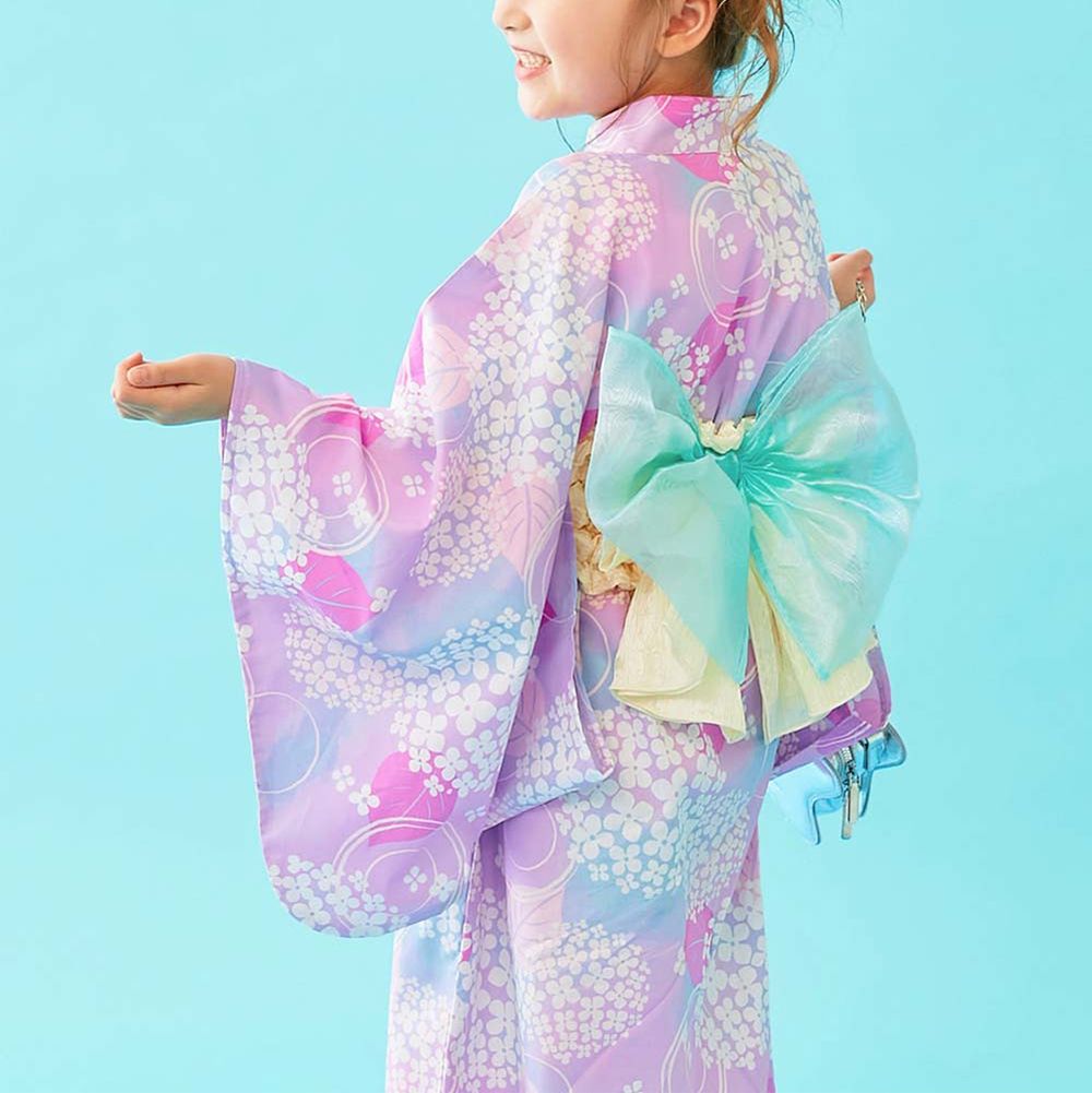 純棉方便穿套頭式夏日夢幻浴衣(2件組)-繡球花-薰衣草x綠