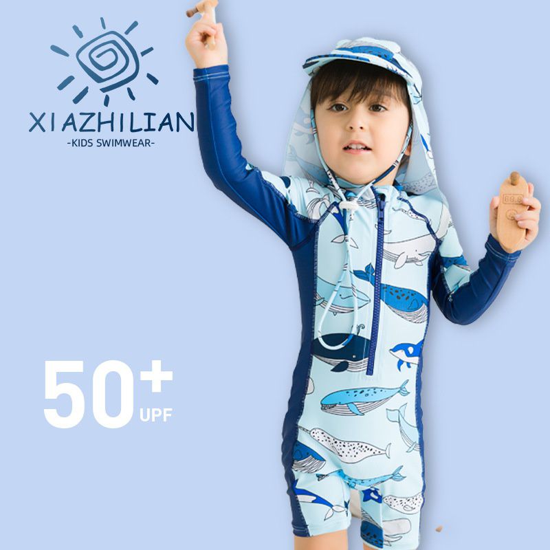 男寶長袖連身泳裝(附帽子)-鯨魚-深藍+淺藍