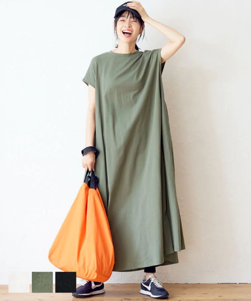 日本 COCA - 純棉寬鬆A字短袖長洋裝-白