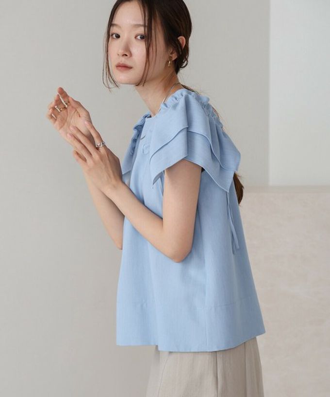 日本 Bab - 浪漫層次感荷葉短袖上衣-淺藍 (M)