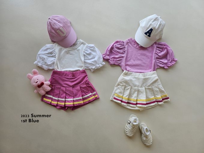 韓國 First Blue - 鬆緊腰運動風百摺褲裙-桃紅