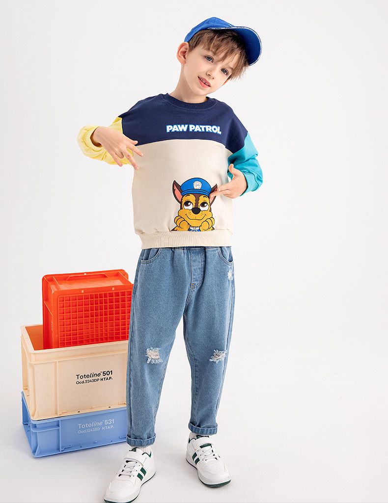 卡通汪汪隊純棉圓領拼接長袖上衣-卡通人物阿奇-紅+綠+杏