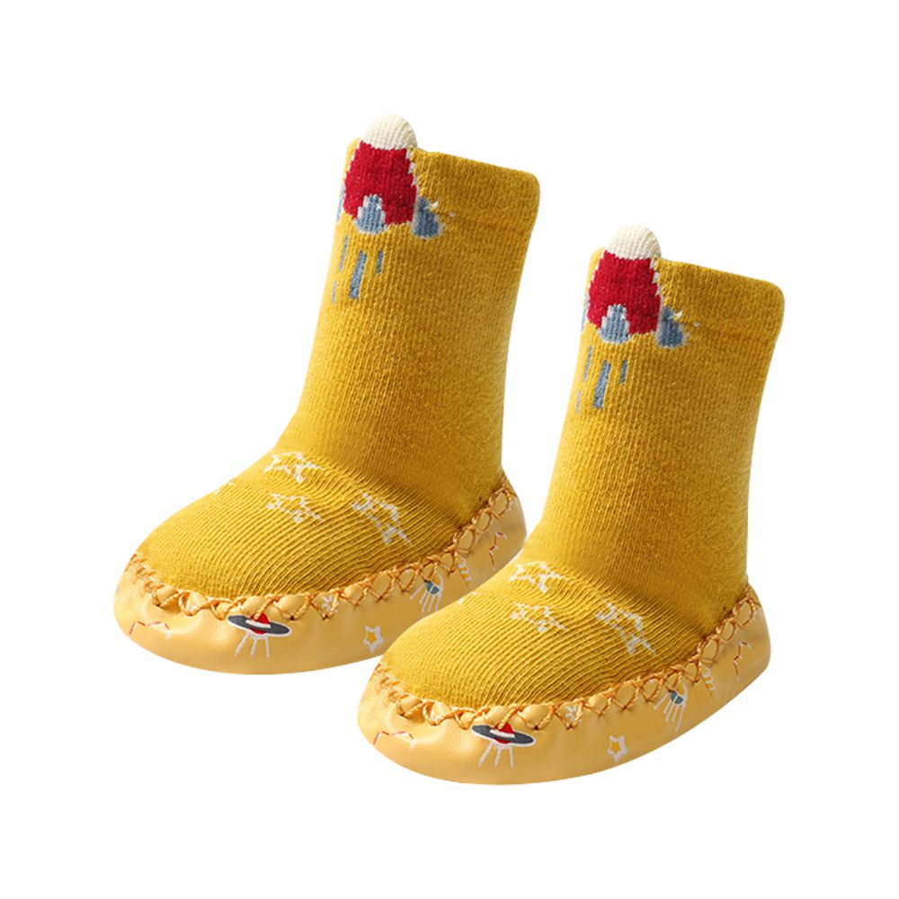 JoyNa - 2雙入-寶寶襪 印花包邊點膠 室內學步鞋-薑黃火箭+隨機1雙