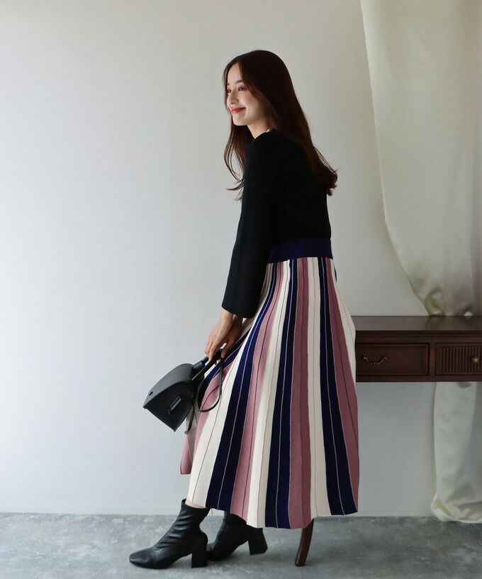 日本 BLUE EAST - [店員推薦] 撞色修身針織長裙-深藍x粉紫