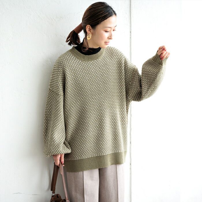 日本 ihuu - 格子編織落肩氣球袖毛衣-磚紅x杏