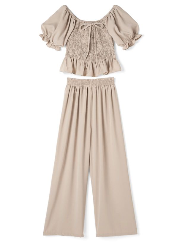 日本 GRL - 蝴蝶結方領泡泡短袖長褲套裝-氣質米