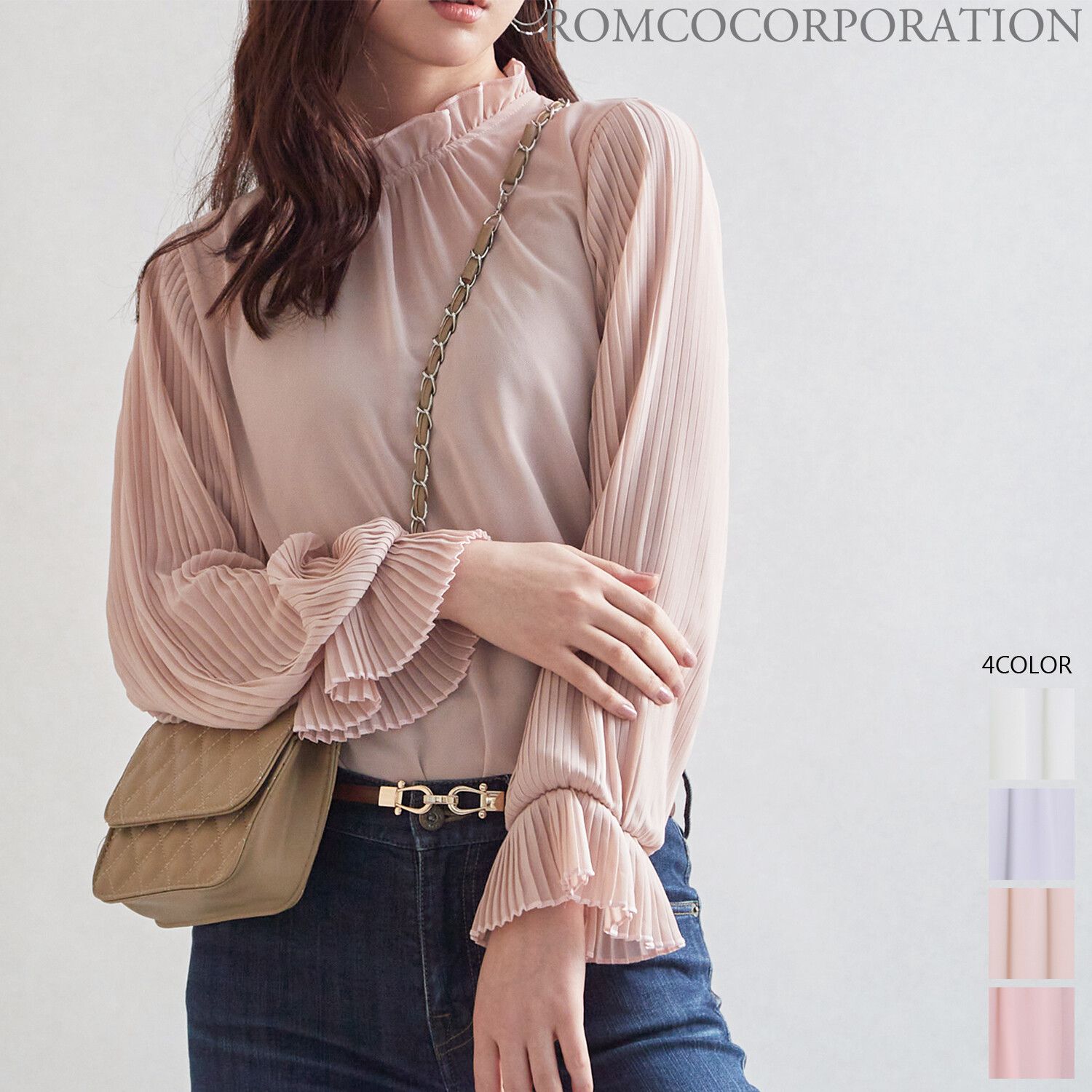 日本女裝代購 - 荷葉滾邊細百摺長袖雪紡上衣-杏