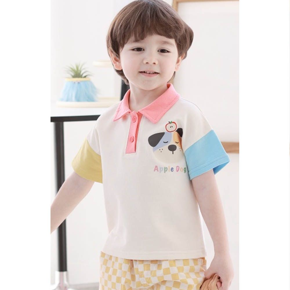 撞色翻領短袖上衣-蘋果狗-黃X藍