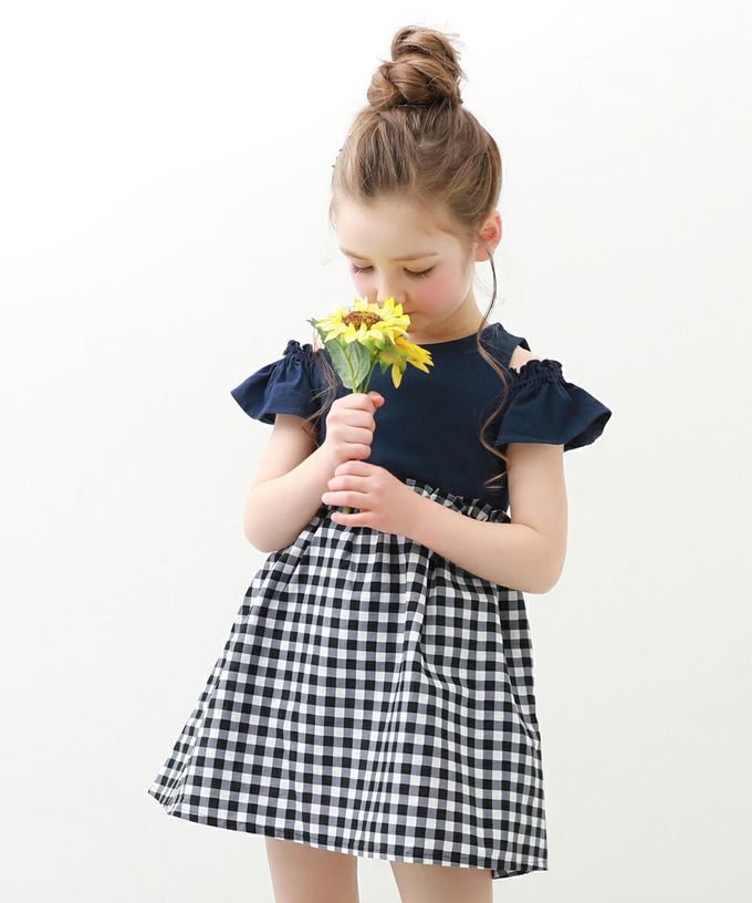 日本 devirock - 挖肩氣質荷葉短袖洋裝-格紋-海軍藍x黑白