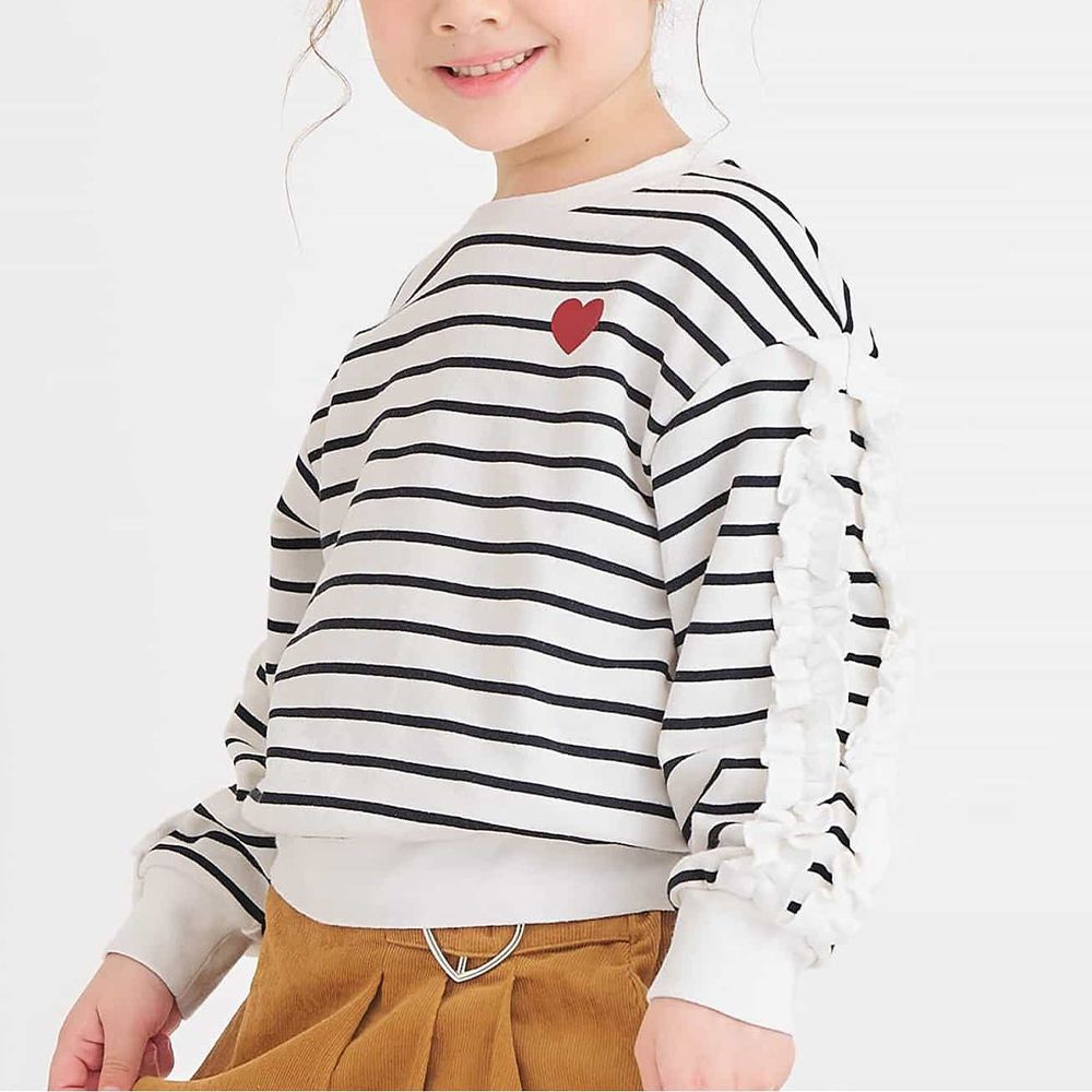 QQ荷葉袖可愛裏毛長袖上衣-黑白條紋