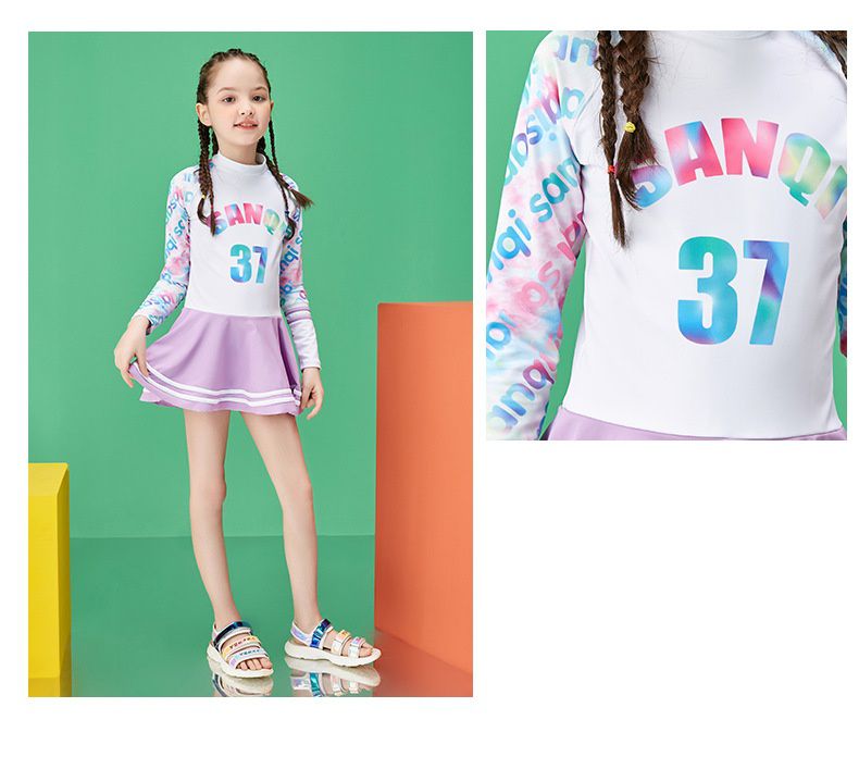 女寶運動風長袖連身裙泳衣-數字37-紫+白