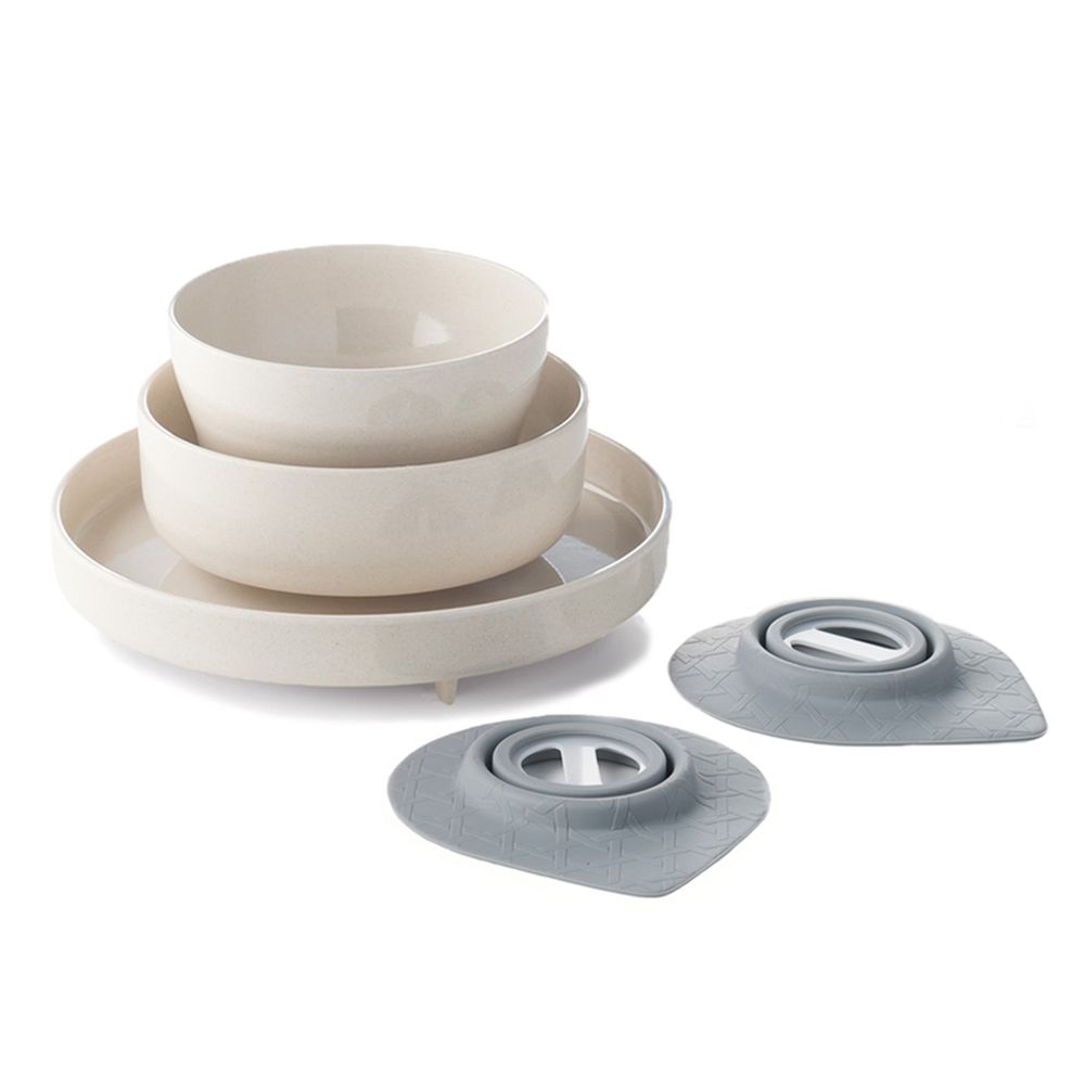 美國Miniware - 微兒天然寶貝用品系列-小小食神五入組-牛奶麥片-竹纖維麥片碗*1 竹纖維點心碗*1 竹纖維麵包盤*1 防滑吸盤*2