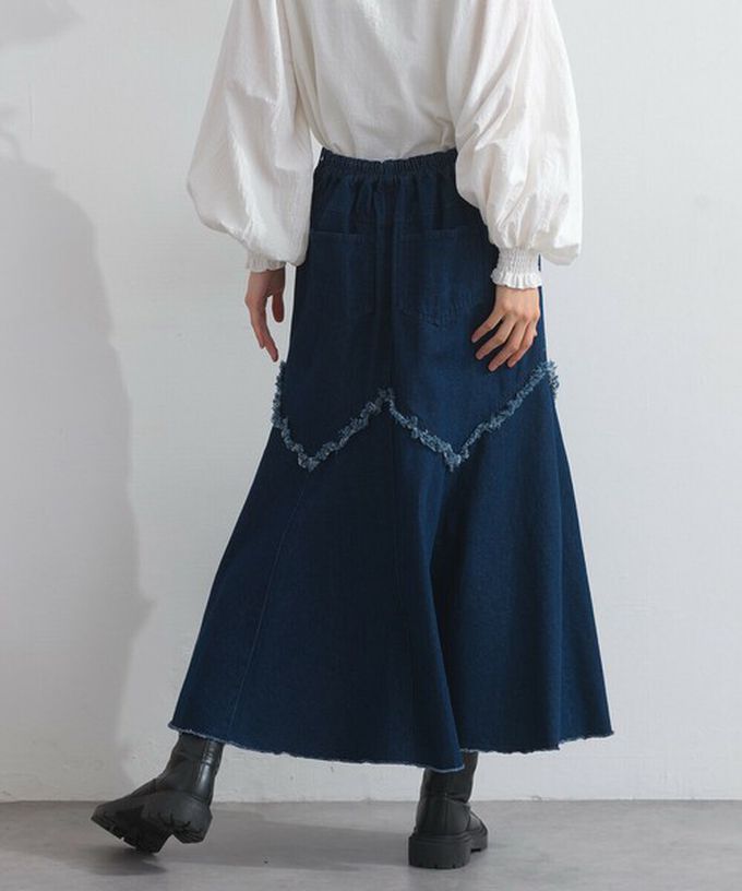 日本 Lupilien - 10oz修身V型魚尾丹寧長裙-海軍藍