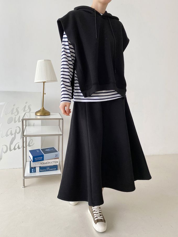 韓國女裝連線 - 休閒風連帽背心長裙套裝-黑 (FREE)