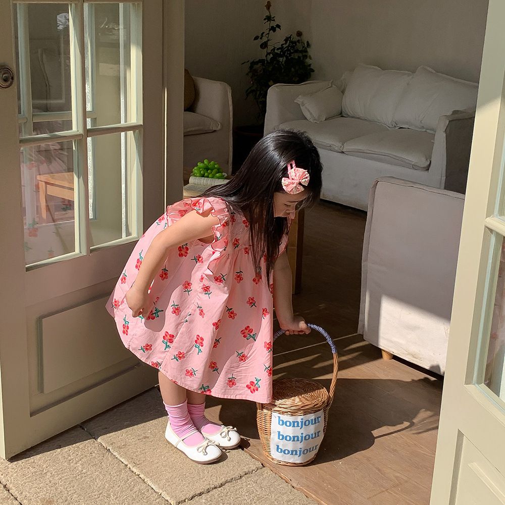 浪漫荷葉袖棉質連身洋裝-繽紛愛心-白色