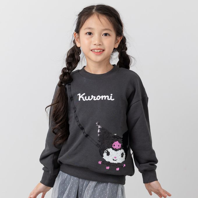 日本 Chil2 - 限量聯名 裏毛印花大學長袖上衣-卡通三麗鷗-亮片酷洛米-黑