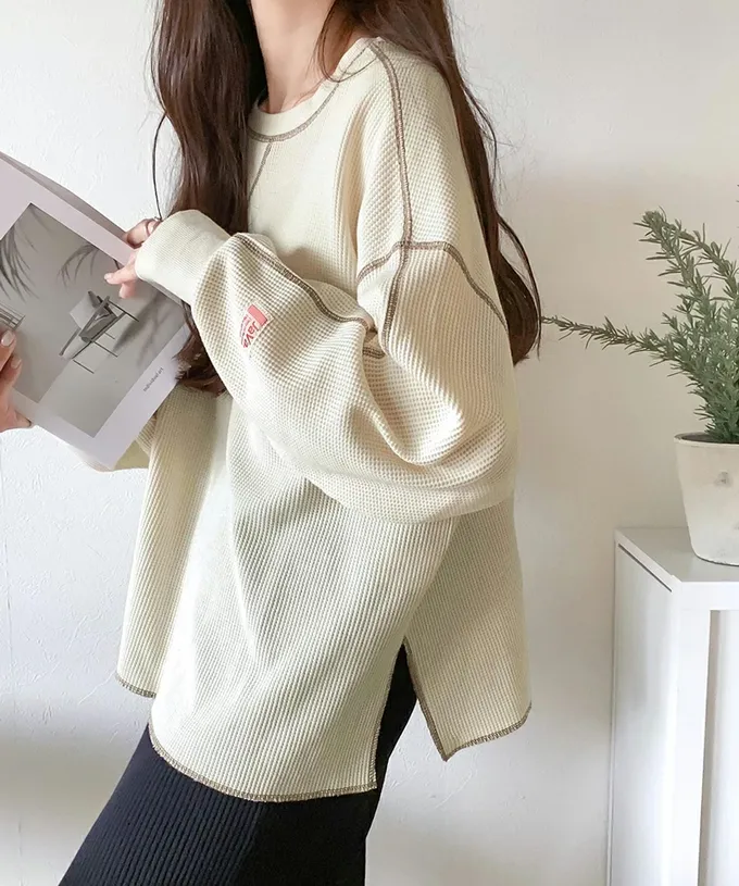 日本 Classical Elf - Java 華夫格車線薄長袖上衣-黑