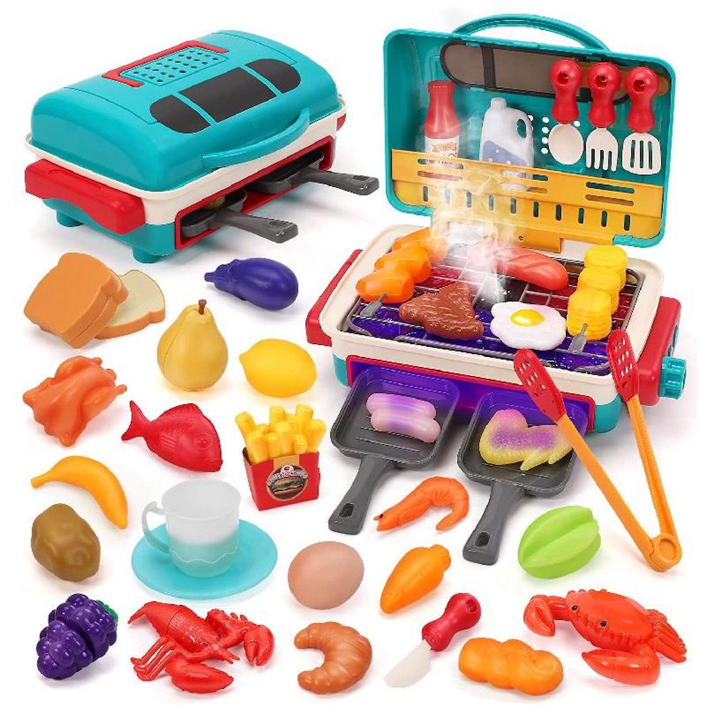 CuteStone - 兒童廚房玩具聲光燒烤爐與切切樂套裝組合37件組