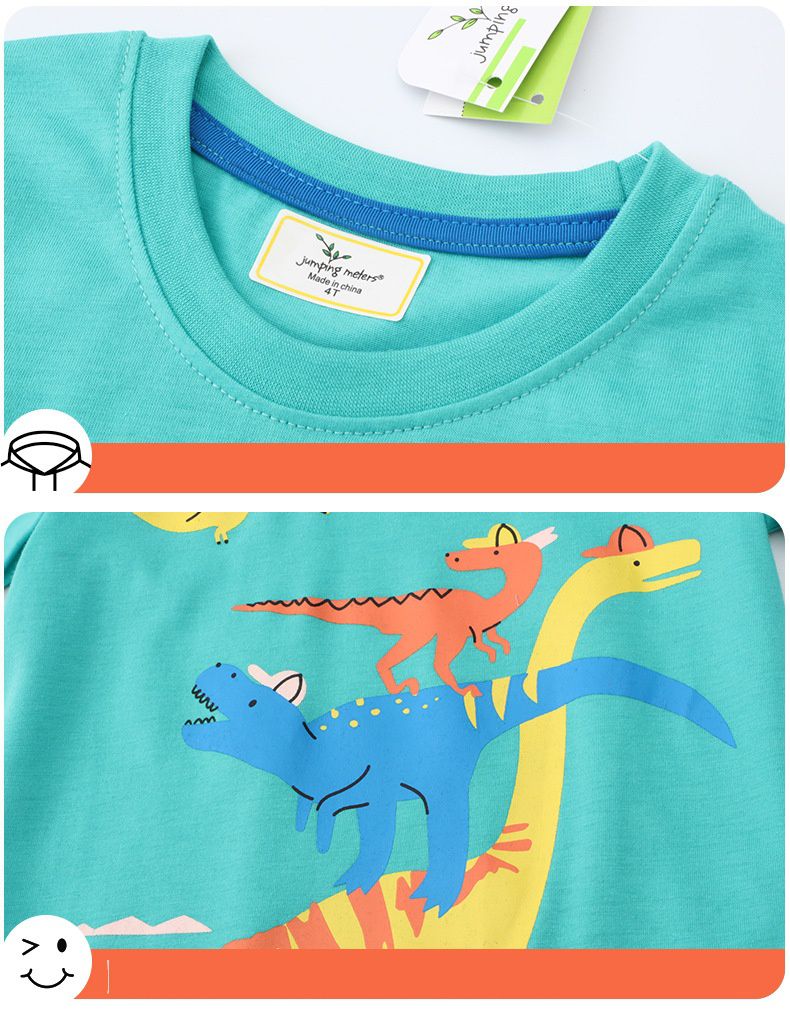 Jumping meters - 棉質圓領短袖上衣-可愛恐龍-綠色