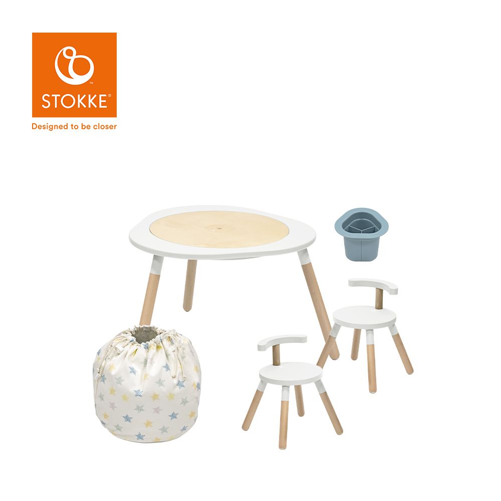 Stokke - 挪威 MuTable V2 多功能遊戲桌經典組 (一桌二椅+玩具收納袋-多彩星星+筆筒-藍)-霜降白