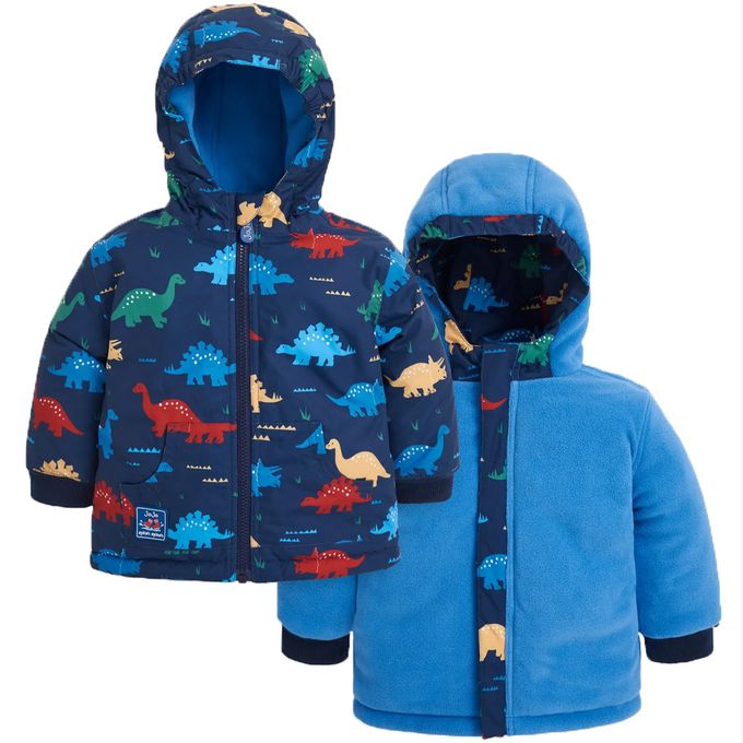 英國 JoJo Maman BeBe - 雙面防風/水連帽保暖刷毛外套-恐龍樂園