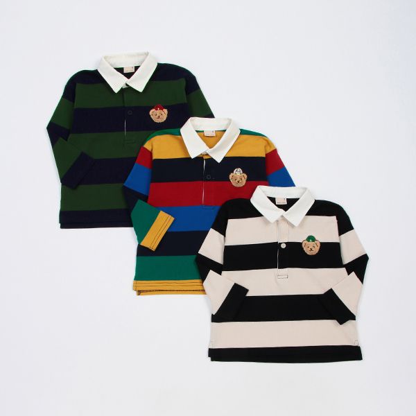 日本 petit main - 美式足球風氣質長袖POLO衫-刺繡小熊-黑米杏