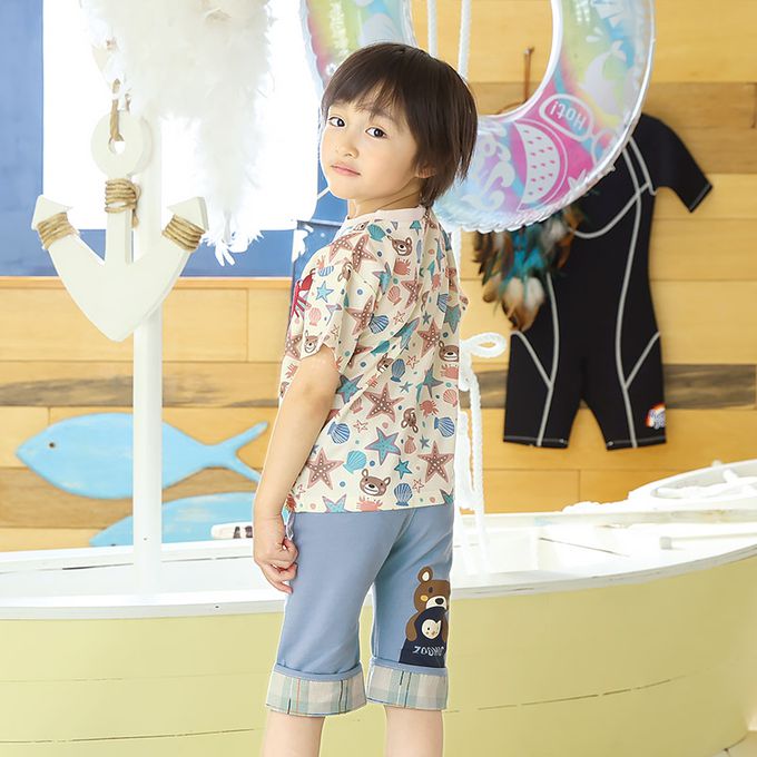 日本 ZOOLAND - 海洋印花網眼短袖上衣-滿版貝殼-淺灰