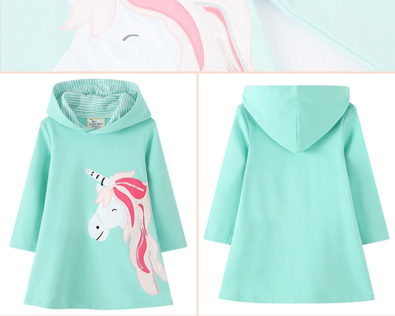 Jumping meters - 連帽棉質長袖連身大學T-微笑獨角獸-果綠色