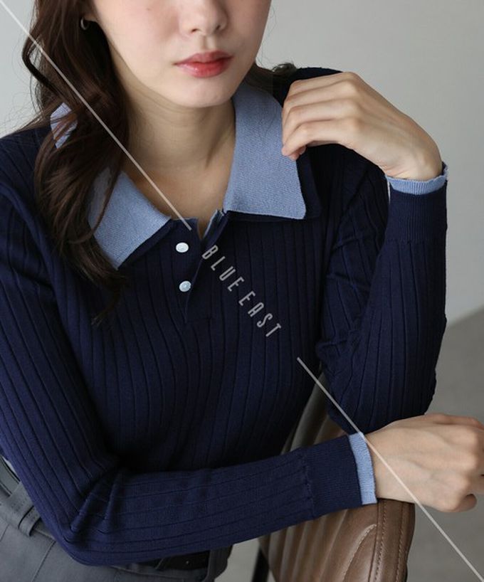 日本 BLUE EAST - 撞色雙層領針織polo長袖上衣-深灰x粉紅 (M)